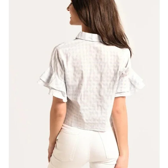 Cupcakes & Cashmere Sunnie Top Blue Gingham Tie-Hem Ruffle Sleeve M - Picture 2 of 5